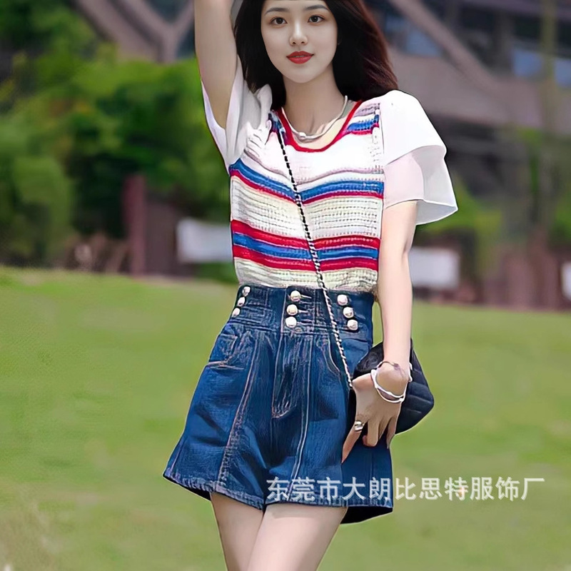 European striped contrast color stitching lace sleeve sweater women's summer Korean fashion versatile design hollow top fashion