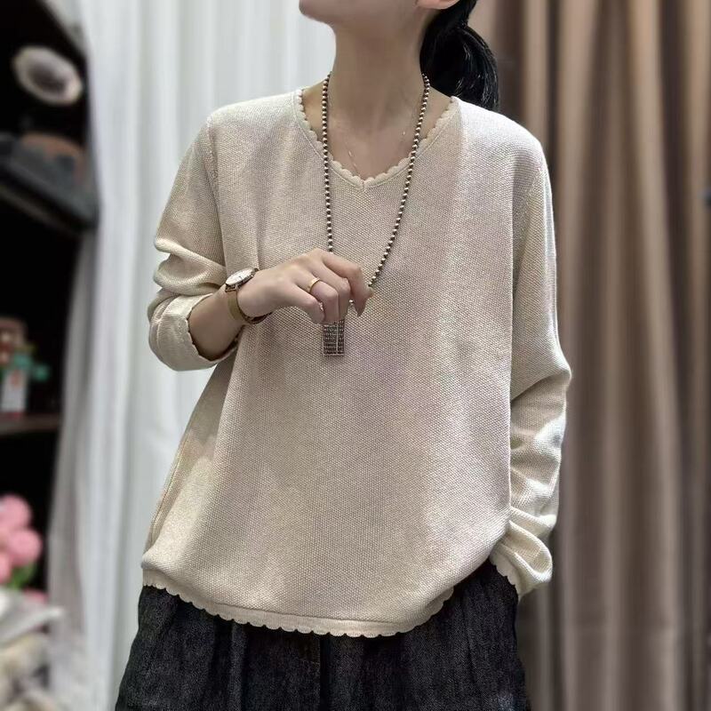 2025秋韩版宽松简约V领波浪边纯色套头针织衫百搭毛衣上衣女0820|undefined