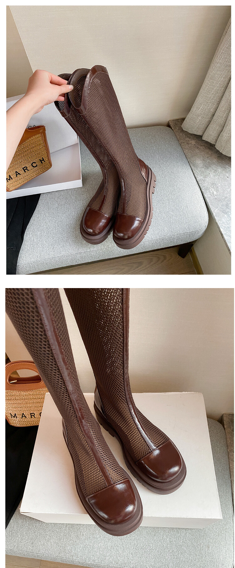 Boot nữ da lưới thoáng khí mùa hè, đế dày rỗng, ống rộng cho chân to — Màu nâu ống lớn, Màu đen cổ ống lớn, Ống nhỏ màu đen, Ống nhỏ màu be chi tiết 57