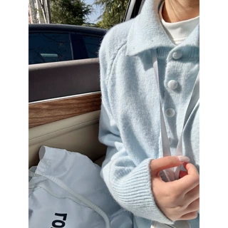 奶蓝色polo翻领加厚保暖毛衣女秋冬季单排扣针织开衫外套软糯上衣