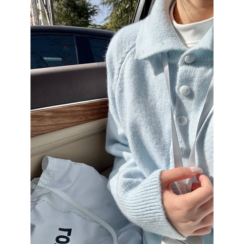 Milk Blue Polo Lapel Thickeneded Warm Sweater Women's Autumn and Winter Single-Breasted Knitted Cardigan Jacket Soft Waxy Top