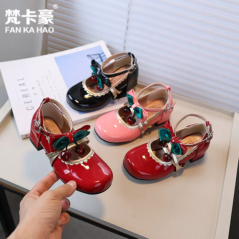 梵卡豪儿童粗跟圆头玛丽珍小皮鞋2025新款女童可爱蝴蝶结公主鞋