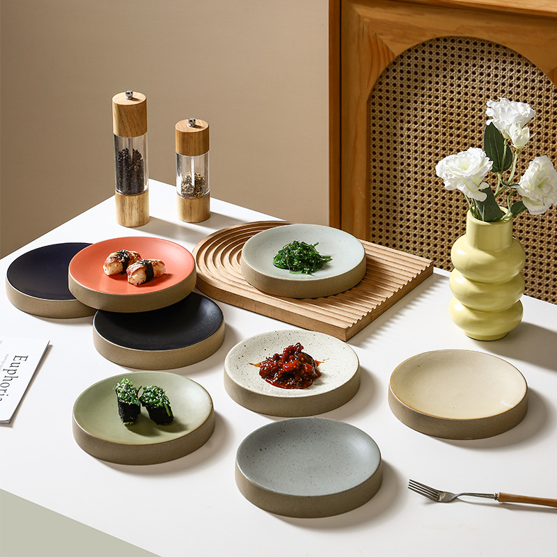 Advanced Western Cuisine Plate Retro Round Plate Commercial Ceramic Tableware Cylindrical Dinner Plate Simple Cake Dishpoint Plate