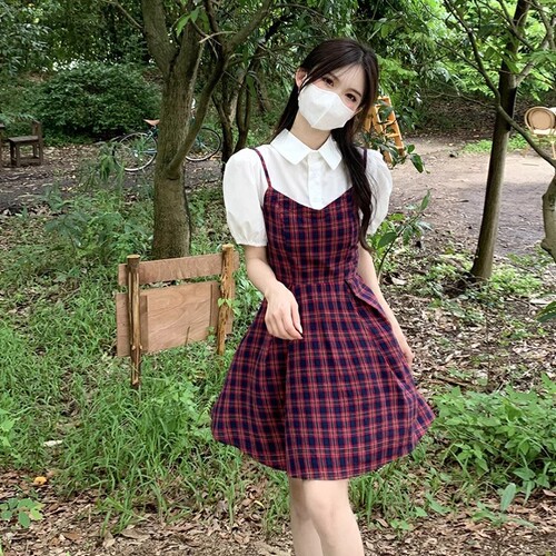 Women's Summer College Style Puff Sleeve Dress with High-Quality Texture, Petite and Elegant, Waist Cinching, Two-Piece Plaid Short Skirt
