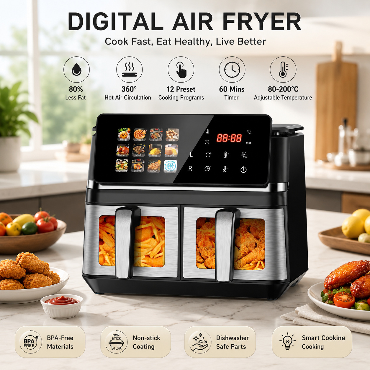 Foreign trade cross-border visual large-capacity air fryer household multi-functional intelligent 12L stainless steel double-gallbladder fryer