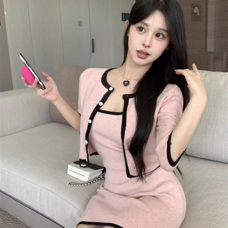 Contrast Color Sleeveless Knitted Sling dress Women's 2025 Summer Chanel Style suit Short Cardigan Top Two-piece Set