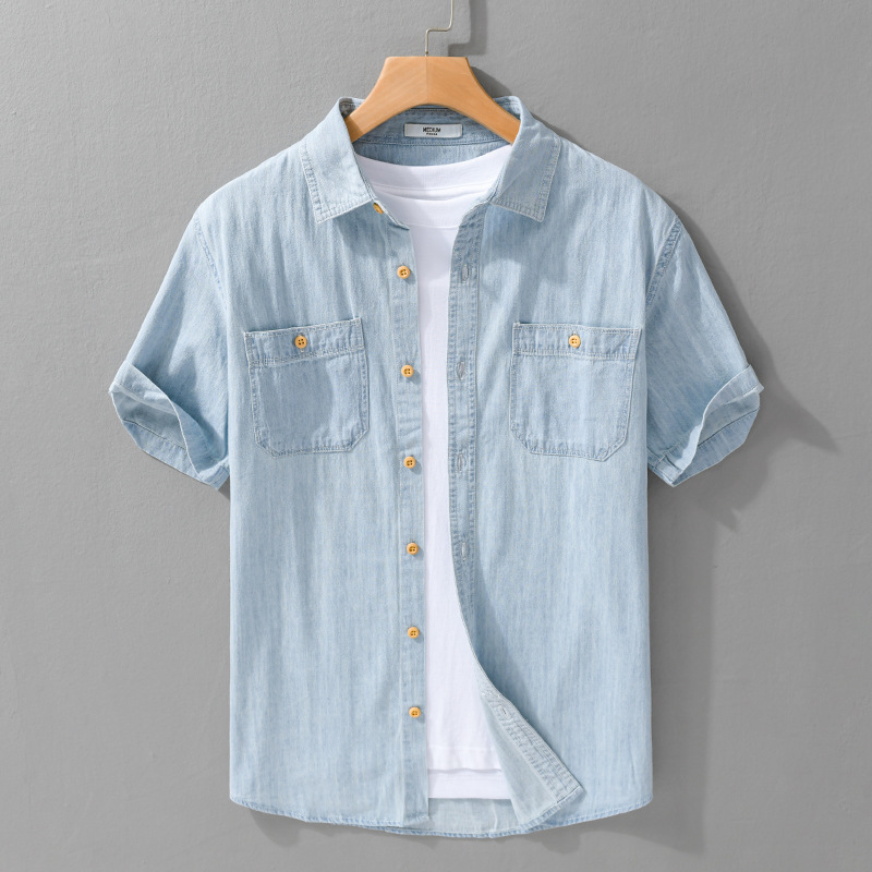 Summer Men's Casual Denim Short-sleeved Shirt Simple All-match Fashion Trendy Men's Pure Cotton Youth Fashion Shirt 9358