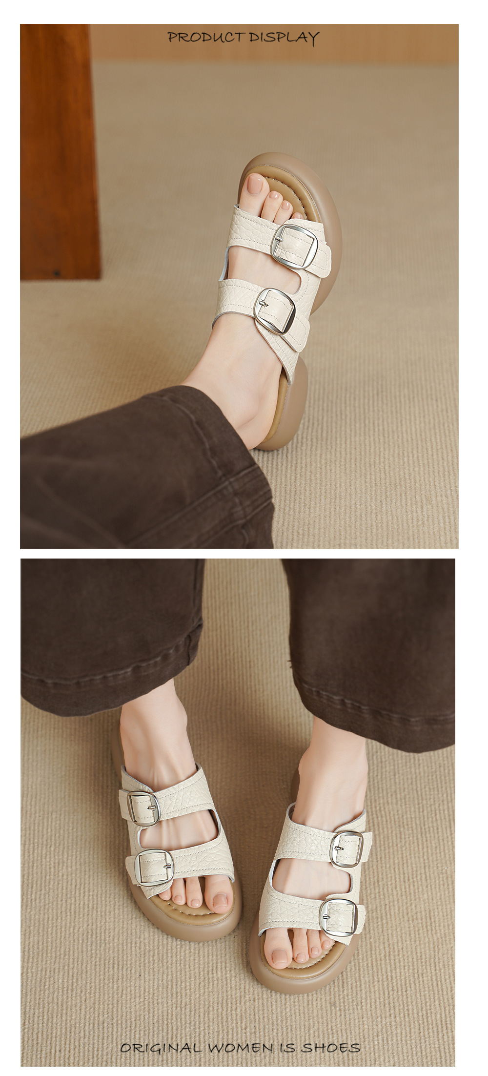 Dép sandal nữ quai chữ V đế dày da cừu khóa thắt lưng — Xám voi chi tiết 7