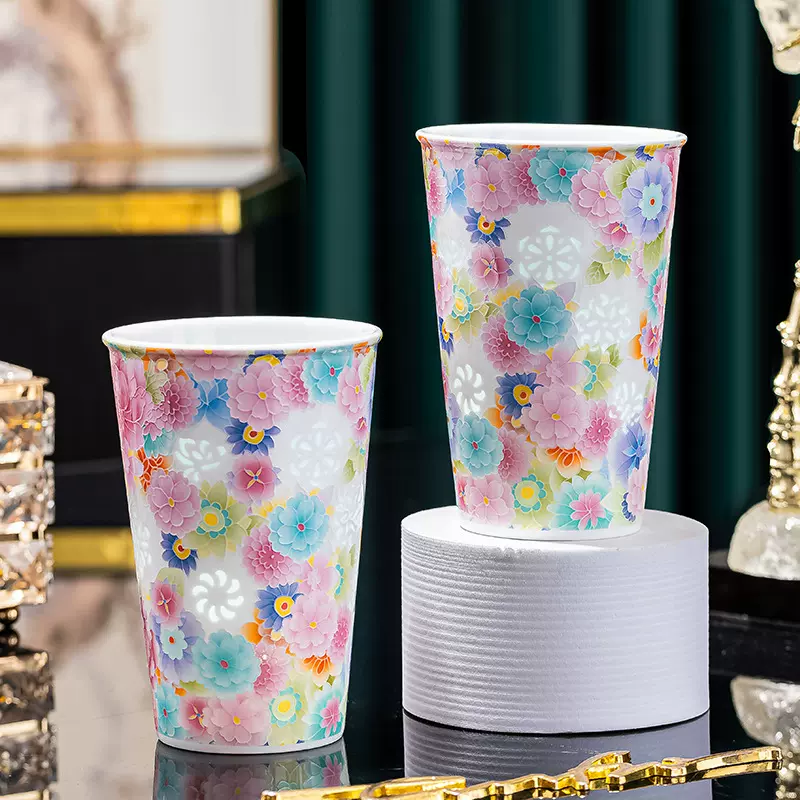 万花玲珑陶瓷可乐杯景德镇网红款陶瓷手握杯女生专用水杯茶咖杯