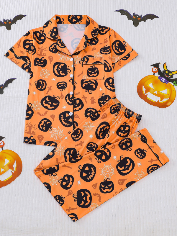 国境を越えた貿易ハロウィンレディースパジャマ四季プリントラペル半袖ズボン快適な女性パジャマ|undefined