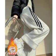 白灰色运动裤女秋冬新款加绒裤子休闲宽松阔腿裤显瘦直筒条纹卫裤