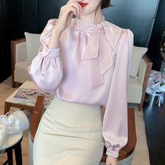 法式蝴蝶结飘带衬衫女气质光泽感超仙小衫春秋装雪纺长袖上衣