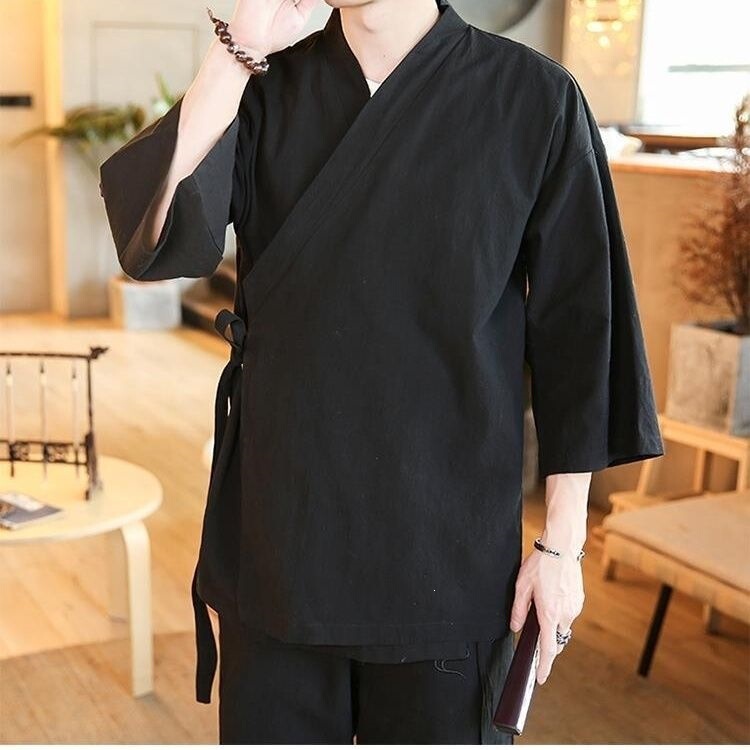 Simon Lainer Men's Traditional Chinese Style Hanfu with Side Collar, Summer Retro Tang Dynasty Style, Zen Practice, Three-Quarter Sleeves