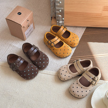 女童韩版绒面波点小皮鞋2025春秋新款软底小童宝宝公主鞋森系单鞋