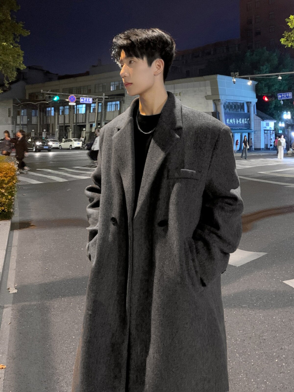 Men's grey wool overcoat, mid-length, thick, loose, over-the-knee, Korean style wool suit jacket, suitable for autumn and winter.