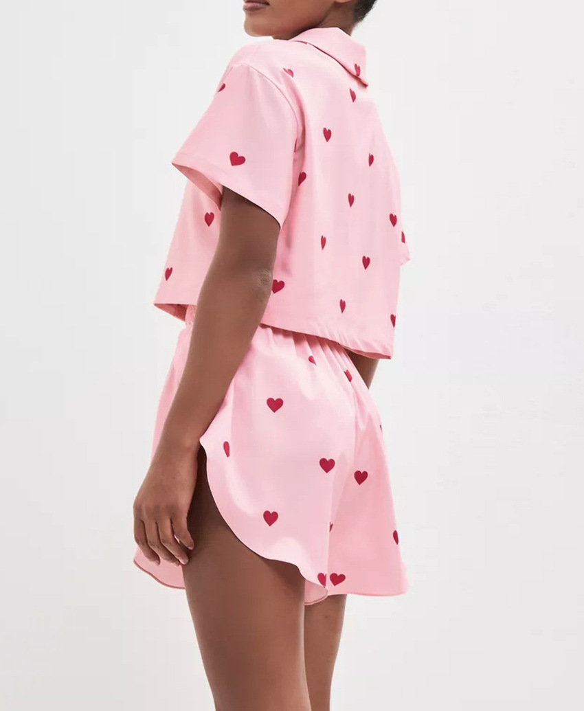 210g Weight Short Sleeve Sleeve Length Pajamas Lingerie Type Polyester, Satin Fabric Type Short Top Length Shorts Sets Sets Type 2 Pieces Set Quantity Home, Daily Occasion Turndown Neckline Breathable Function Regular Fit Fit Type Heart Shape Pattern Winter, Summer, Spring Season Women's Gender Sweet Style Home Daily Women's Sweet Heart Shape Polyester Satin Shorts Sets Pajama Sets 14