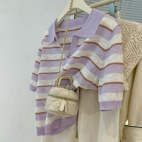 Polo Striped Regular Shoulder Short-Sleeve T-Shirt for Women - Summer 2025 Design-Oriented Unique Slimming Short Top