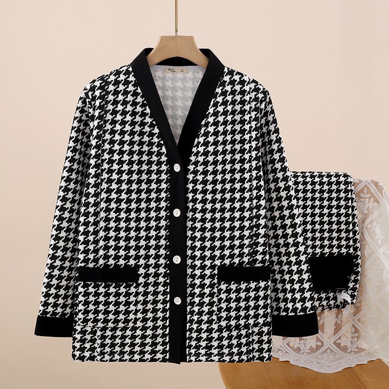 브이넥-에어 코튼-체크-블랙