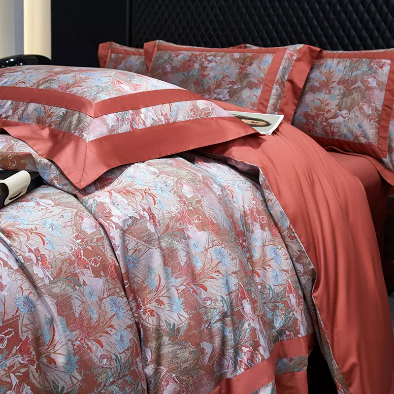 100支全棉纯棉数码印花拼角四件套高支高密长绒棉双拼四件套