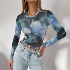 European and American cross-border spring 2025 new elegant women's printed round neck mesh slim long-sleeved top for women