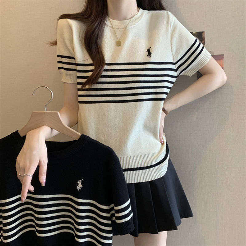 Round Neck Striped Apricot Knit Top, Thin Short-Sleeve Women's T-Shirt, Casual Versatile Top, Trendy 2026 Summer New Style