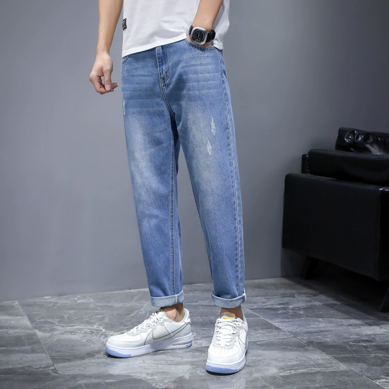 Jeans, universal summer light trousers for leisure, loose straight fit, Korean style