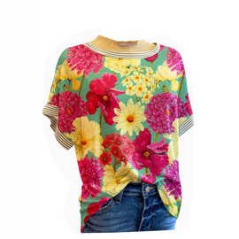 欧美2023新款女装上衣 亚马逊eBay独立站爆款圆领印花短袖T恤