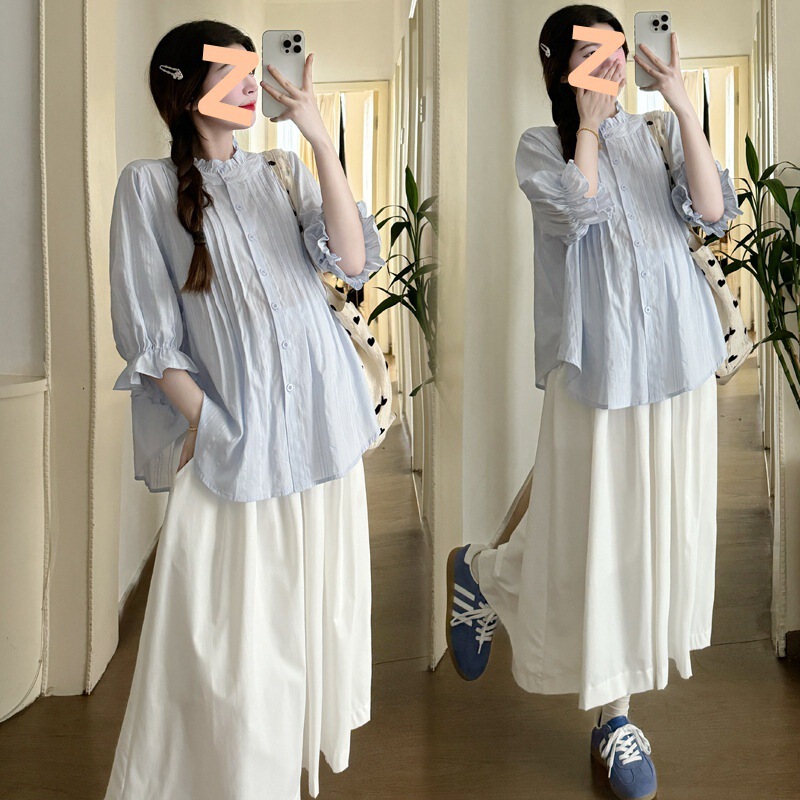 New ~ pregnant women gentle fry street milk lovely suit bubble sleeve loose temperament shirt + skirt suit