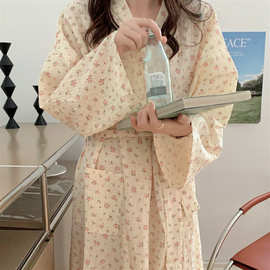 2023新款格子碎花睡袍女秋可爱浴袍长款和服ins睡衣家居服
