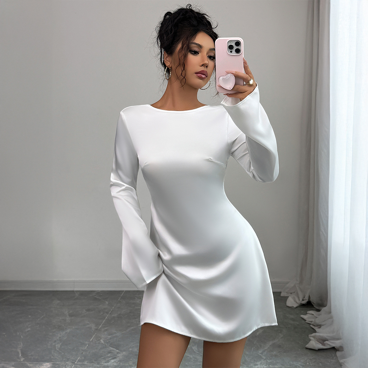 Elegant Backless Long Sleeve Party Dress For Women – Bodycon Mini Dress With Round Neck, Comfortable Polyester Fabric Versatile For Evening Events_ecoleips.com