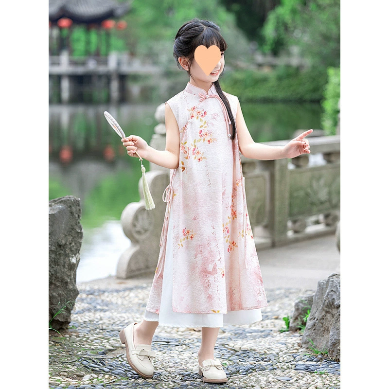 Платье Cheongsam династии Хань для девочек, новинка 2025 года, летний костюм Тан в китайском стиле, платье-жилет для девочек, детское платье принцессы