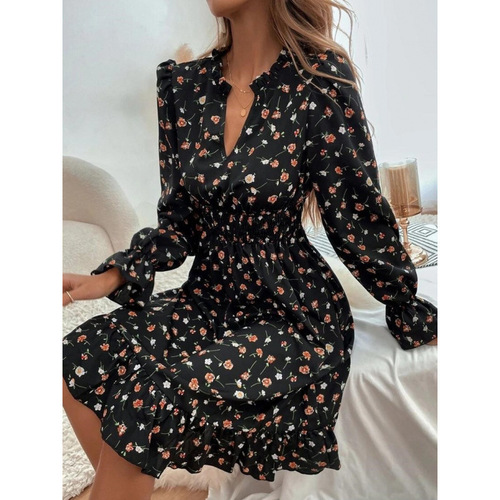 European and American women's clothing spring and summer fashionable floral V-neck printed long-sleeved chiffon dress