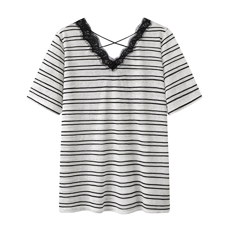 Lace Stripesd Knitted Ice Silk Short-Sleeved T-Shirt Summer Thin Unique and Beautiful Loose Backless V Neck Top