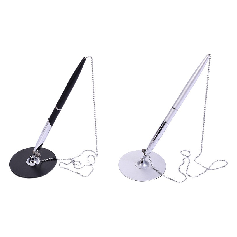In stock metal base bead chain desk pen Hotel bank front desk ballpoint pen printable logo metal gift desk pen