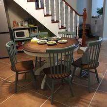 美式圓餐桌地中海圓桌美式實木圓形餐桌椅家用小戶型伸縮圓桌子