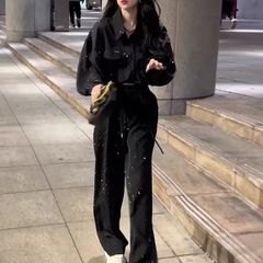 显瘦春夏休闲2025长袖时尚套装新款气质衬衫短裤烫钻两件套
