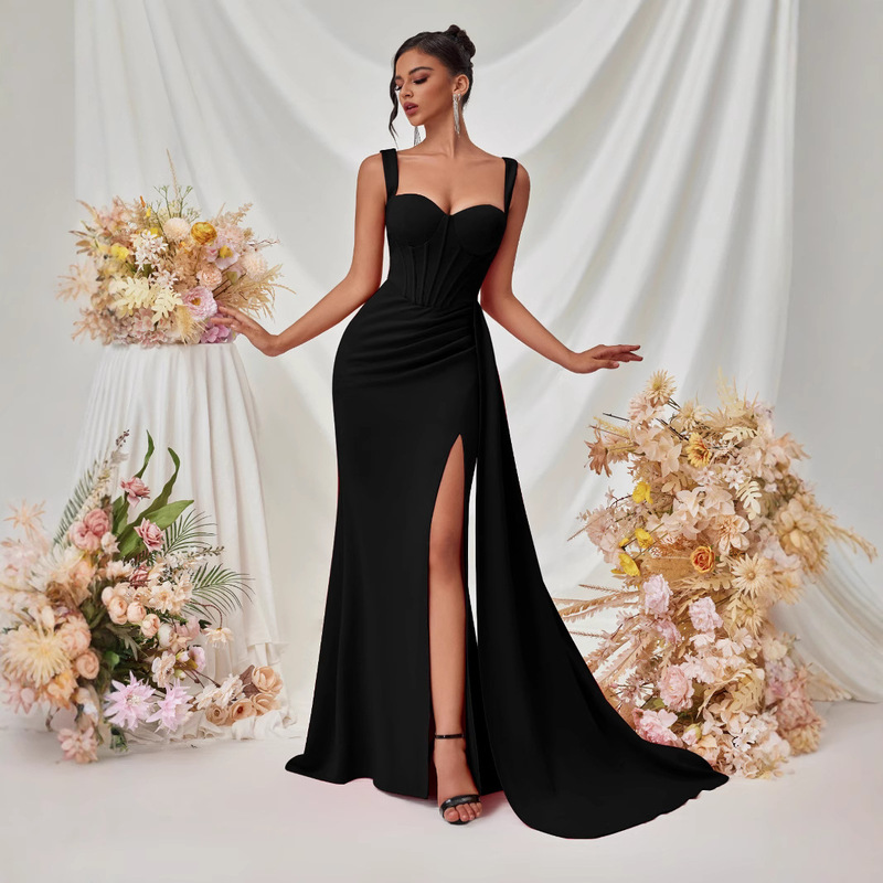 European and American New Sip Sexy Evening Dress Women's High-end Elegant Bag Hip Slimming Sling Long dress in stock