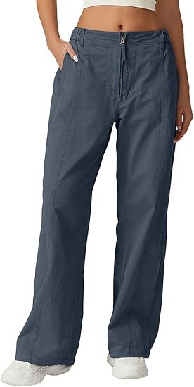 Pantalones anchos con cremallera frontal para mujer explosiva de Amazon transfronteriza, monos casuales de cintura alta, pantalones anchos con bolsillos de algodón