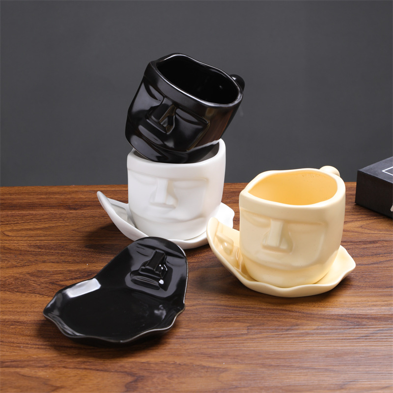 Creative Hanging-Ear And Saucer Set, Face Sculpture Coffee Cup, Face-To-Face Kissing Ceramic Top Quality Mug, European-Style Cup_voghion.com