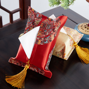 New Chinese-style Tissue Box Drawn Paper Bag Living Room Bedroom Office Desktop Drawn Paper Box Satin Fabric Tissue Set