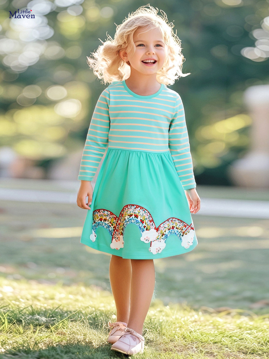 Little maven falda para niños de estilo europeo y americano al por mayor nuevo estilo otoño vestido de manga larga falda de algodón bebé a rayas