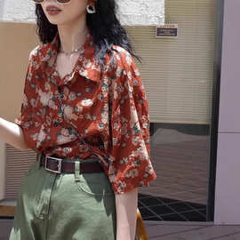 港味橘色复古碎花短袖衬衫女夏季宽松慵懒风休闲衬衣上衣2025新款