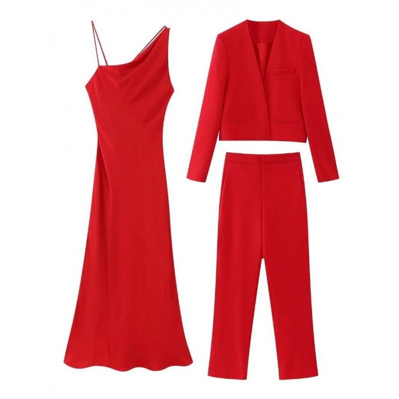 Wholesale silk satin texture dress 4786340 + lapel-free blazer 8039178 + straight pants for women 798