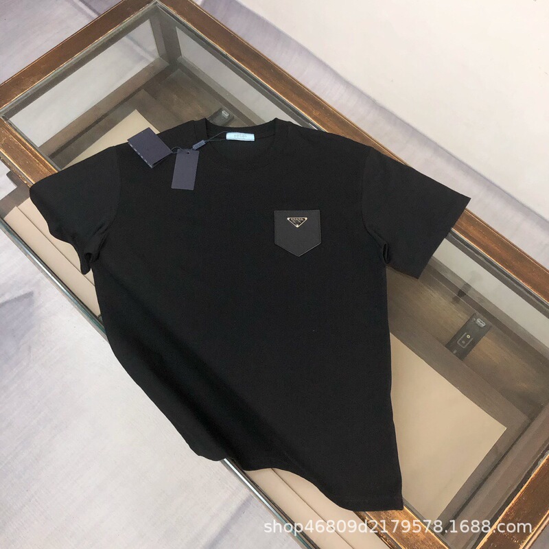 Cross-Border Foreign Trade P Brand New Metal Triangle Logo Short-Sleeve T-Shirt, P Brand Pocket Letter Short-Sleeve Round-Neck T-Shirt for Men and Women