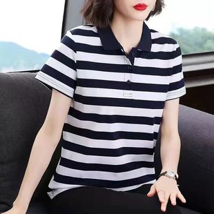 Pure Cotton Stripesd Short-Sleeved T-Shirt for Women Summer New Loose Lapel Top Middle-Aged Mother Fashion Shirt for Women