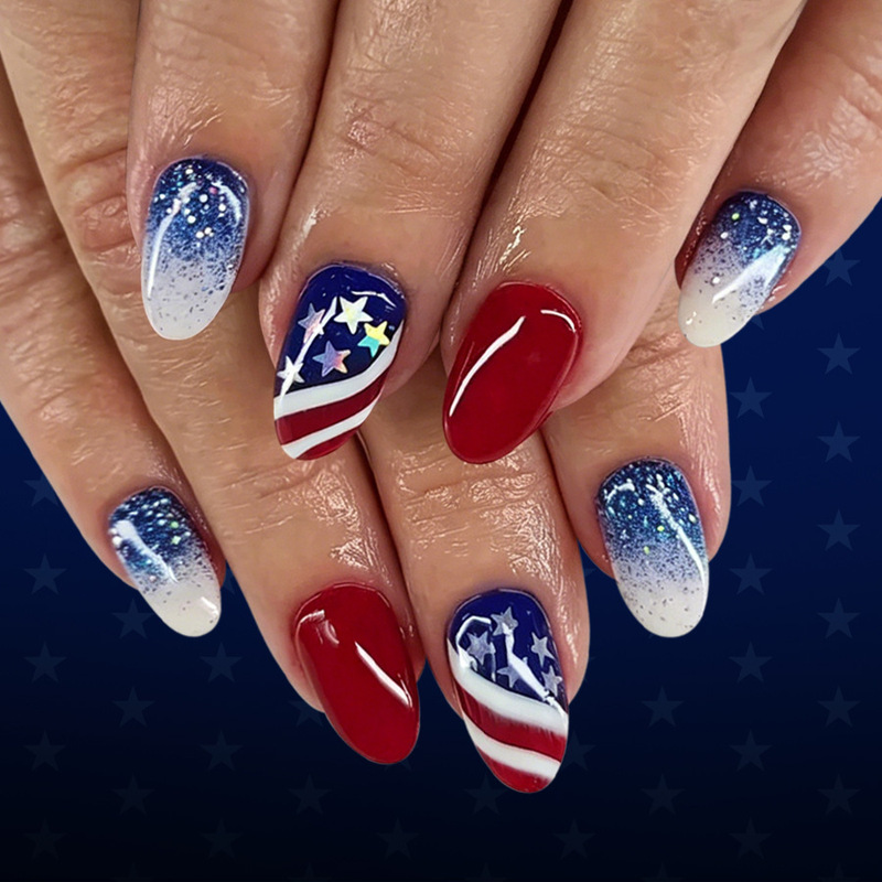 Short Glossy Square Nails with European and American Independence Day Flag Gradient White French Glitter Design, 24 Pieces