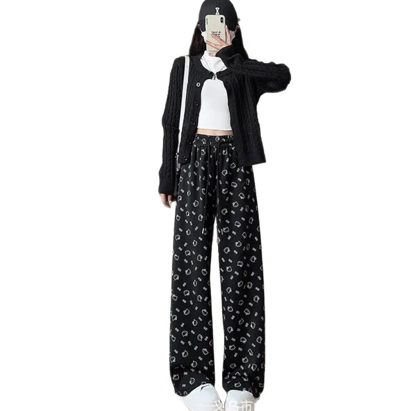 卡通印花灯芯绒直筒裤女秋冬季加绒裤子女休闲百搭宽松高腰阔腿裤|undefined