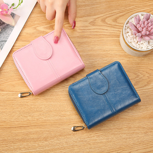  New Women's Short Card Holder Student Cute Small Fresh Zipper Hand-held Soft Leather Wallet Two-fold Coin Purse