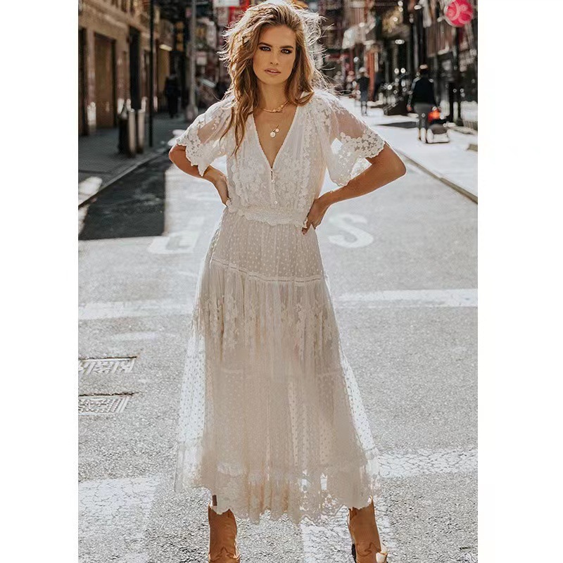 (Cross-border trading), summer lace dress, 2023, European style, city style, wish, V-neckline, with short sleeve