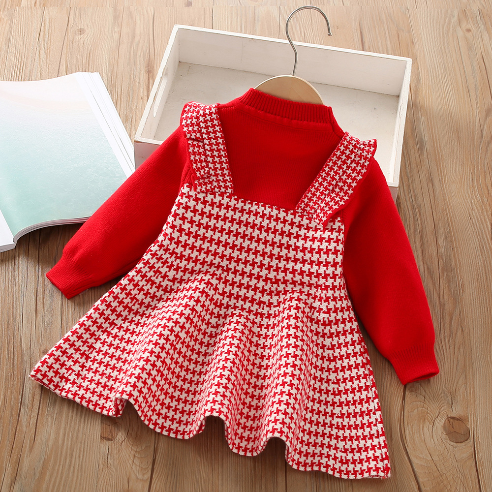 Mädchenwolle 2023 Herbst/Winter neues Leibchen im Western-Stil Cartoon gefälschtes zweiteiliges gestricktes Prinzessinnenkleid für Kinder_voghion.com